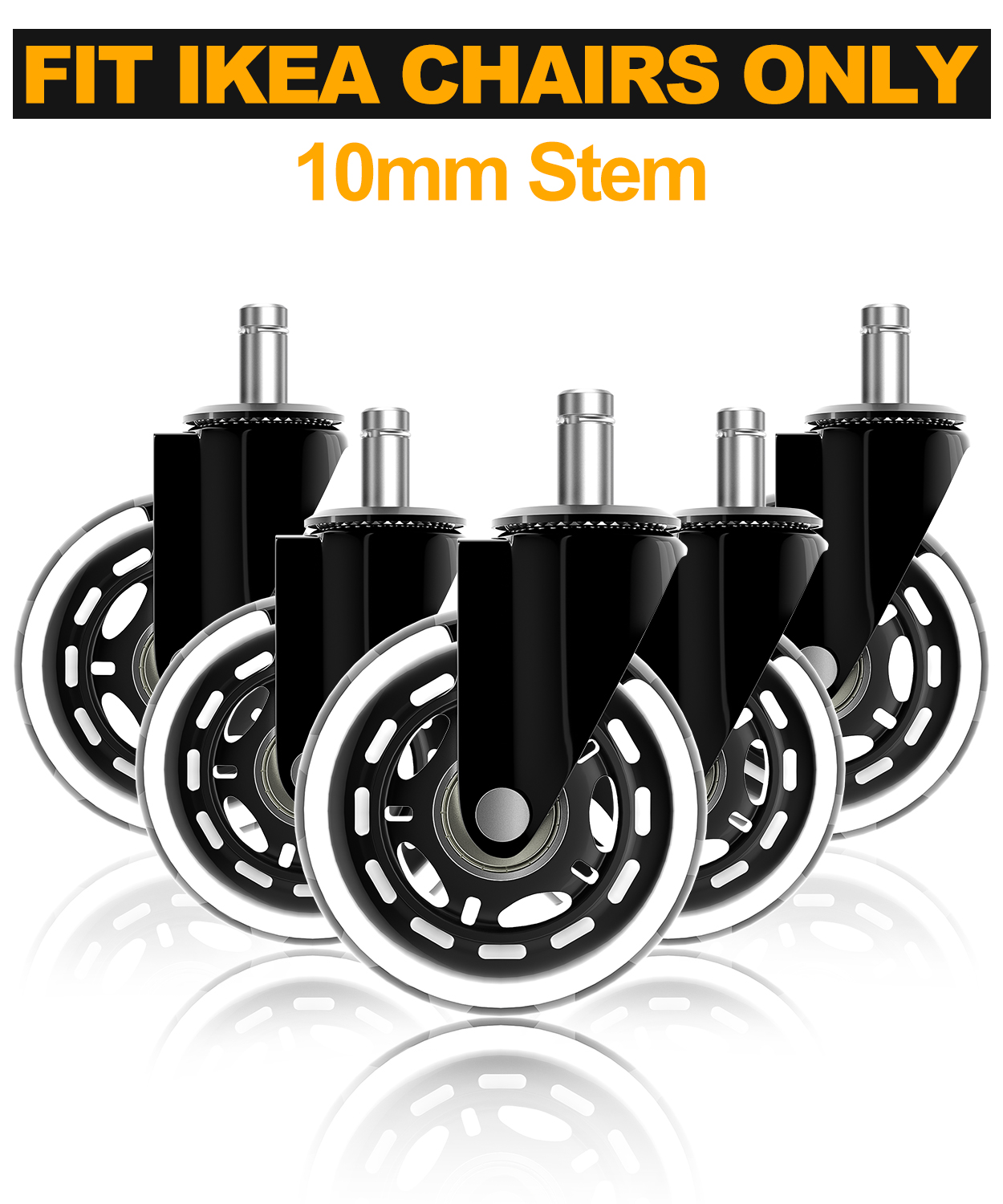 Office Chair Wheels for IKEA Chair Only with 10mm Stem, Heavy Duty Rubber Caster Wheels Roll Smooth, 5 Pack Wheels with 3/8