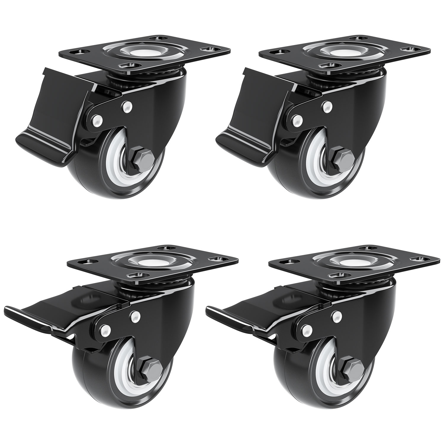 2 inch Caster Wheel with Brake Locking and NO Noise Rubber Wheels, Heavy Duty Swivel Plate Caster for DIY Cart Dolly, Support 600 lbs, 4 Pack
