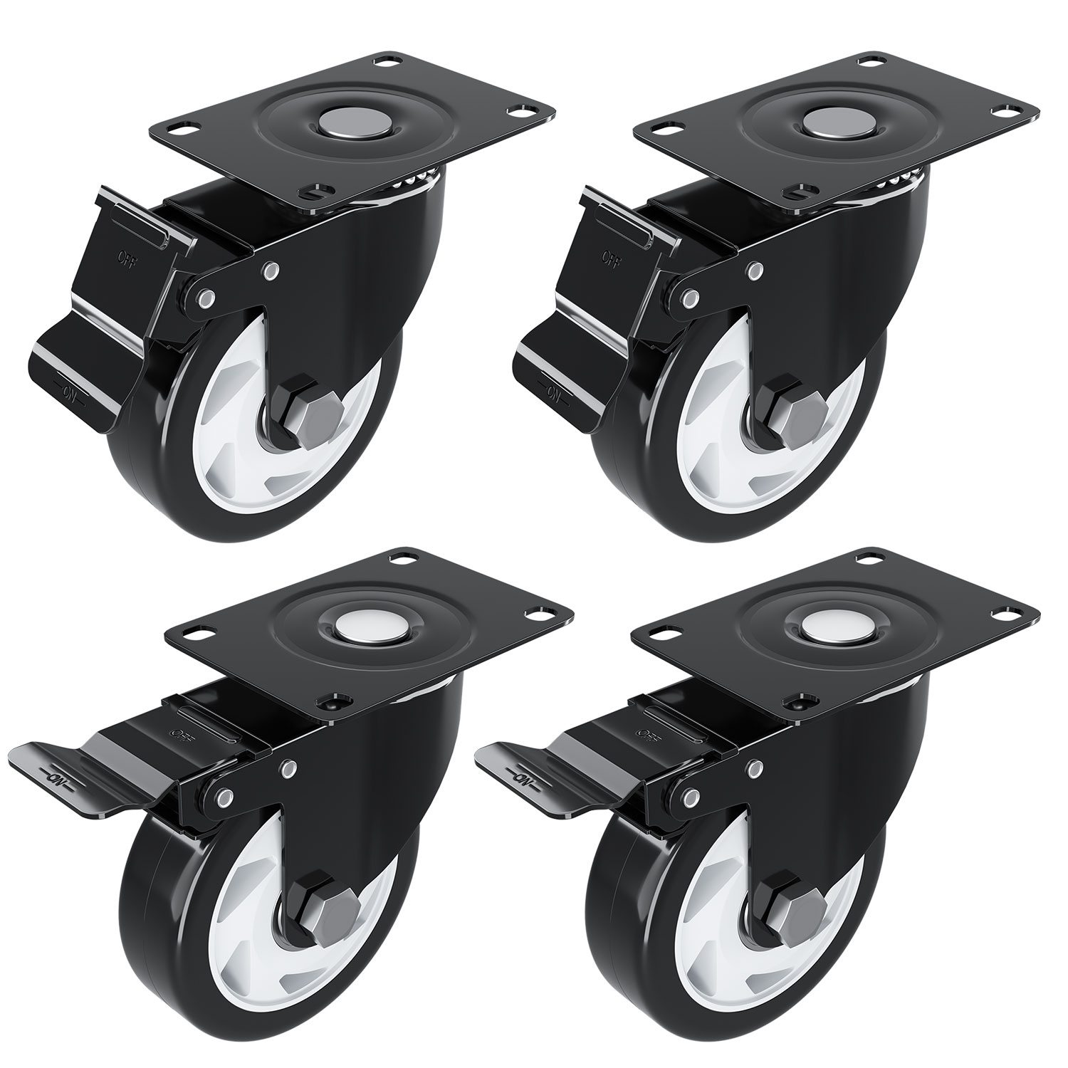 4 inch Caster Wheel with Brake Locking and NO Noise Rubber Wheels, Heavy Duty Swivel Plate Caster for DIY Cart Dolly, Support 1200 lbs, 4 Pack